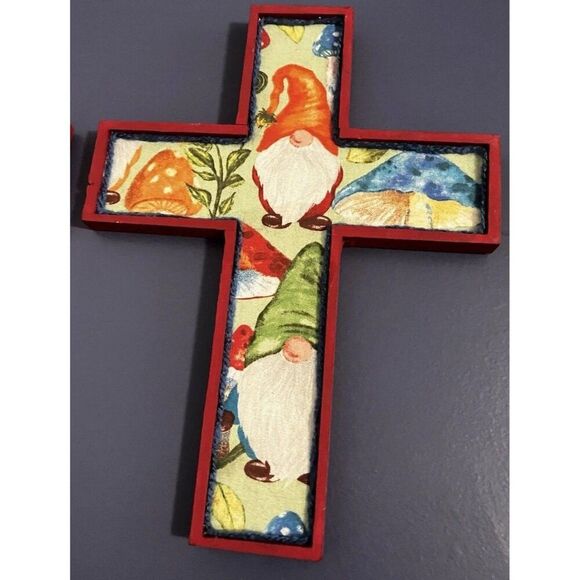 3 MCM Hand Made Painted Decorative Wooden Cross’s gnome and mushroom Design 70's - Picture 5 of 16